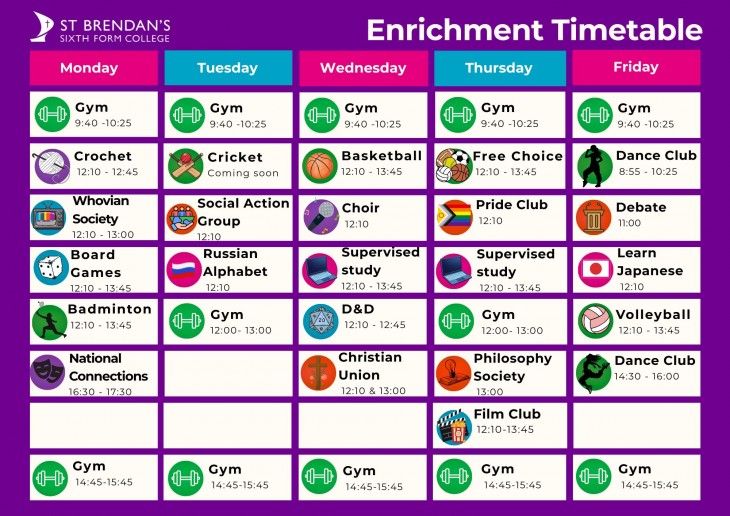 St Brendan's Enrichment Timetable 25-26